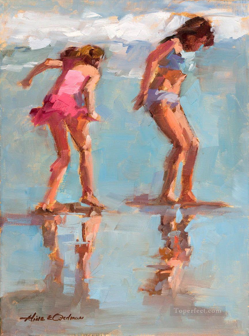 遊ぶ女の子のビーチで子供の印象派油絵